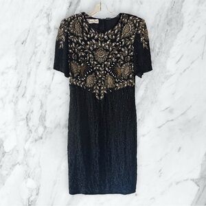 VINTAGE LAURENCE KAZAR 🌟 RARE FIND 🌟 80s Black & Gold & Pearl Beaded Party Dress